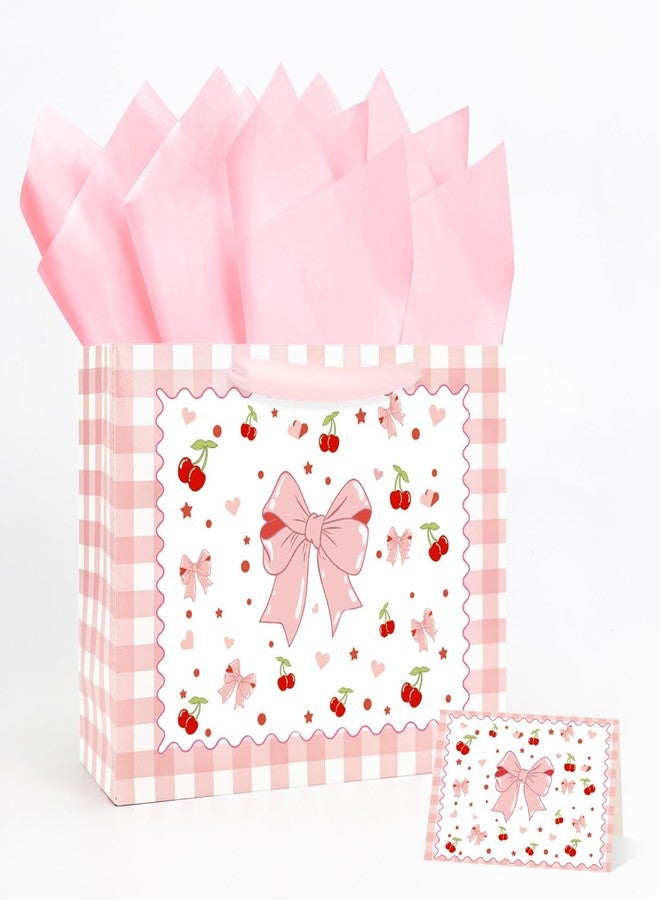 MUNILAIL 13 Inches Pink Bow Gift Bag Bow Cherry Gift Bag with Handle Tissue Paper and Greeting Card for Girls Birthday Party Baby Shower Large Paper Gift Bag - Image 1